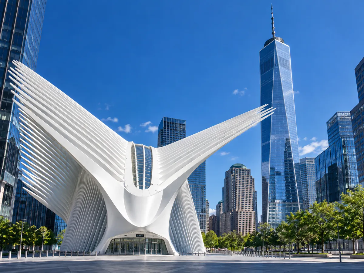 Der weiße, gerippte Verkehrsknotenpunkt Oculus neben One World Trade Center an einem sonnigen Tag