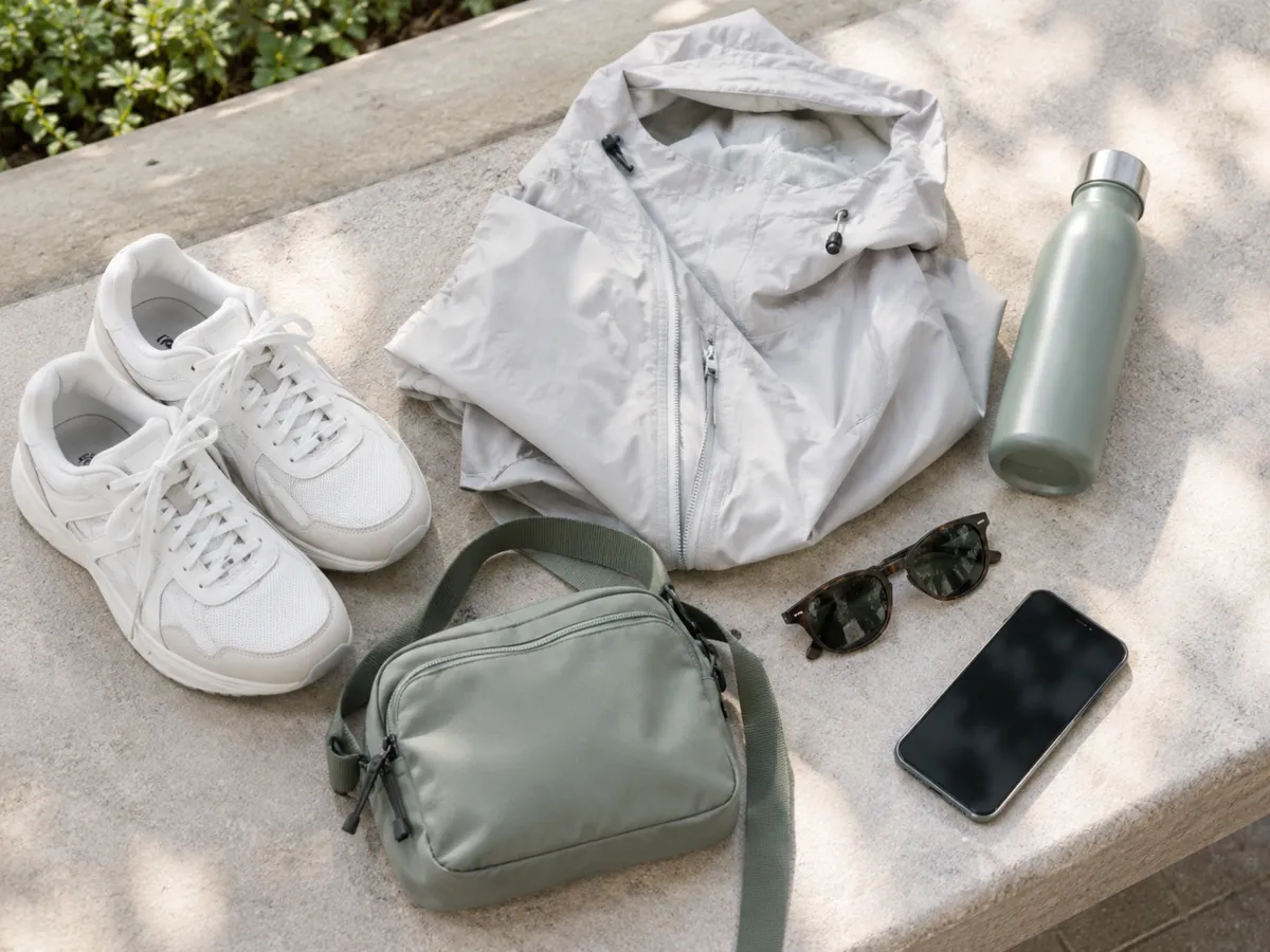 Bequeme Sneaker, eine leichte Jacke, eine kleine Tasche und eine Wasserflasche auf einer Steinbank
